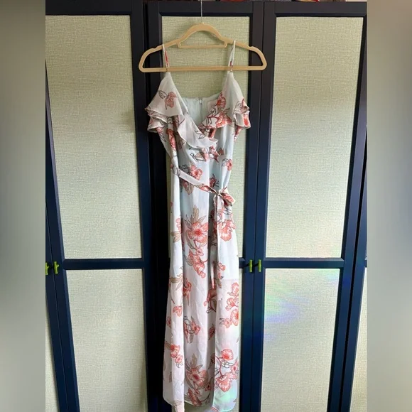 J.O.A. Floral Print Ruffle V Neck Midi/Maxi Dress, Blue Orange, NWOT, Size L - Picture 4 of 6